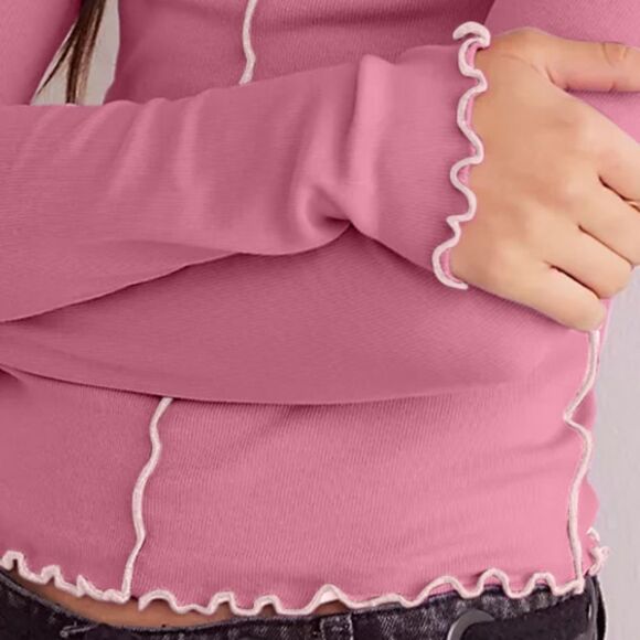 Women's Casual Y2k Pink Long Sleeve Top with White Contrast Stitching S M L XL - Picture 2 of 4